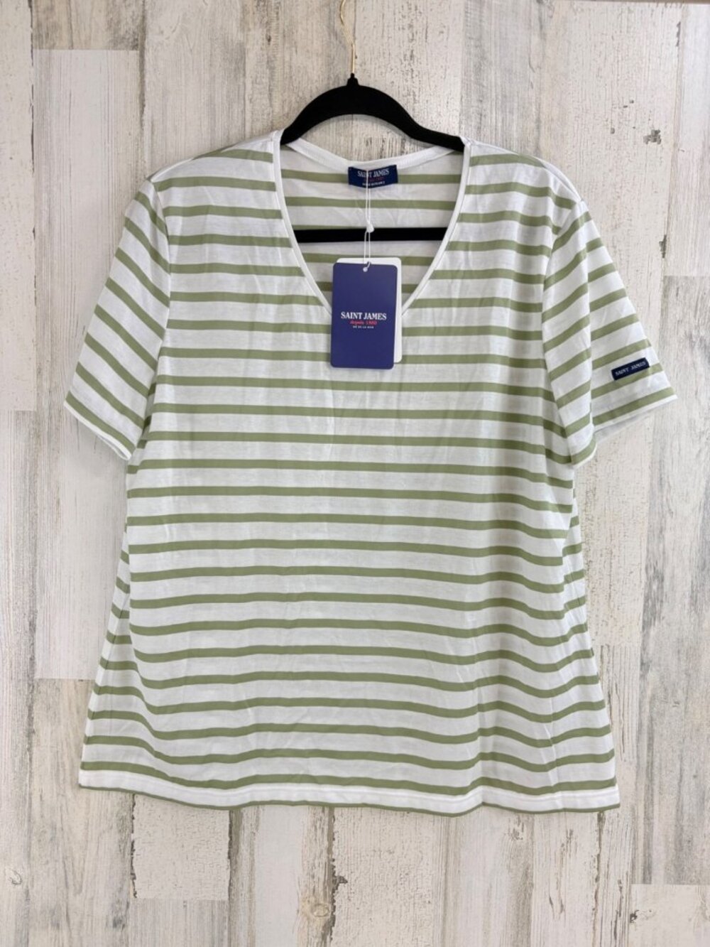 Saint James Sz 14 M L White Green Striped Ramatuelle V Neck T Shirt NWT